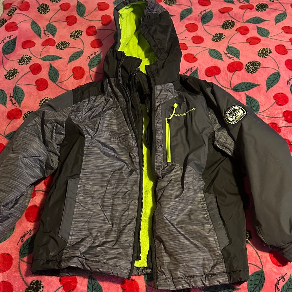 Weatherproof Kids Gray & Black Puffer Jacket with Neon Lime Lining